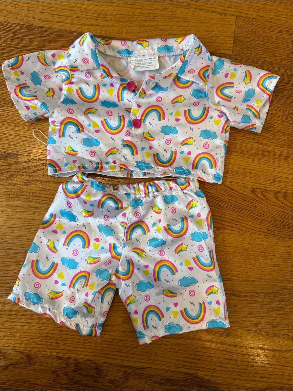 Build-A-Bear White Kids Pajama Set with Rainbow, Blue Cloud & Yellow Star Print